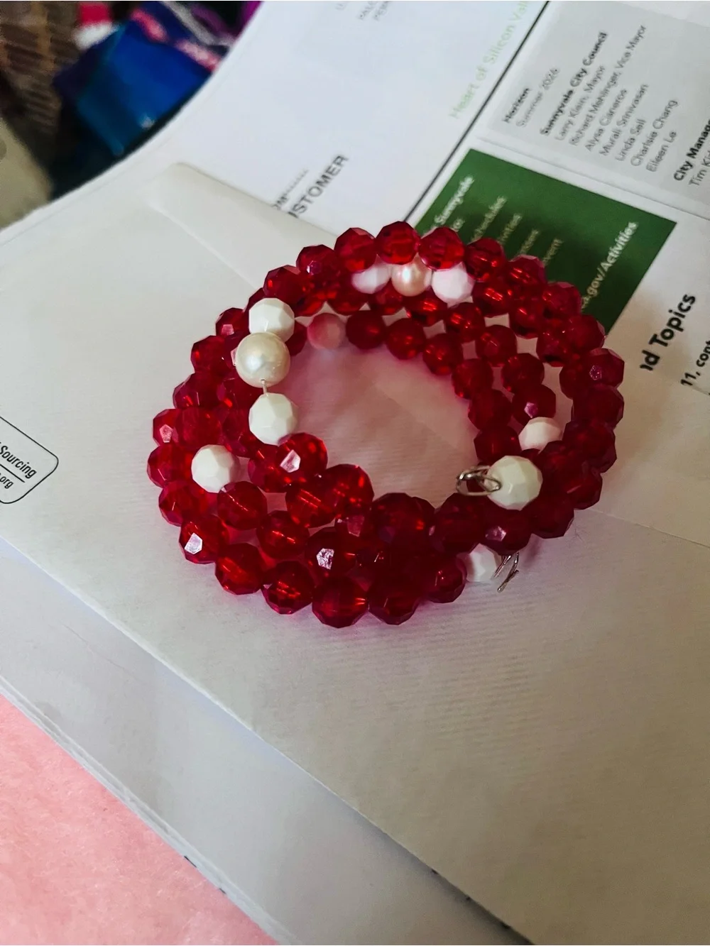 Red Faceted Beaded Wrap Bracelet with White Accent Beads